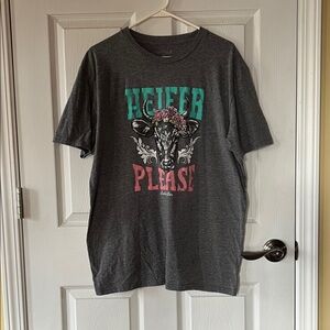 Gray Graphic Tee with Floral Cow Design